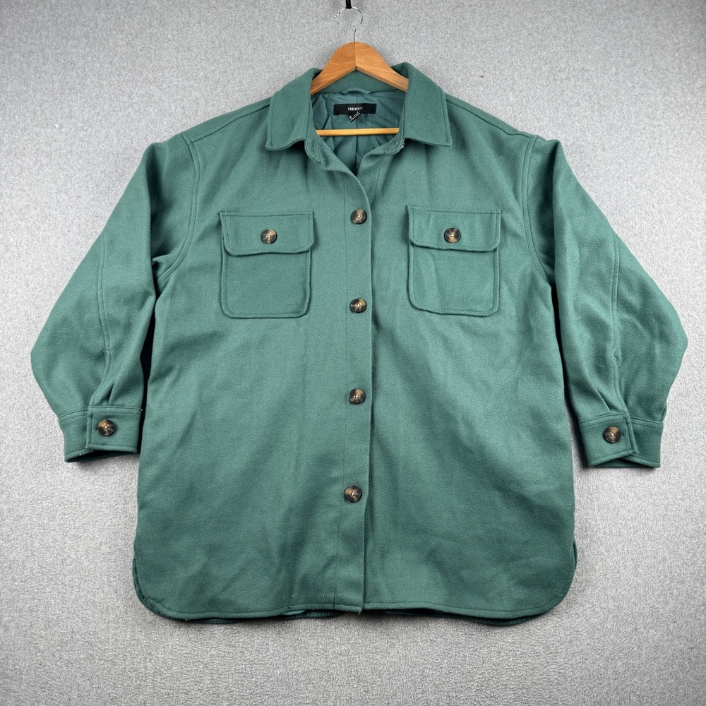 Forever 21 Shirt Jacket Womens L Shacket Green Button Front Pocket 4717-FU